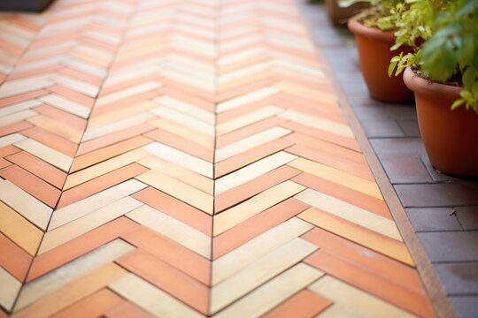 zigzag patterns of a classic herringbone brick path