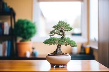 Fototapeta premium freshly repotted bonsai tree with soil and pot in view