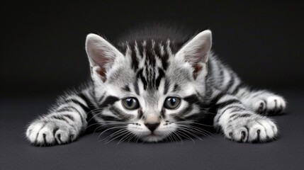 A black and white kitten laying down on a black surface