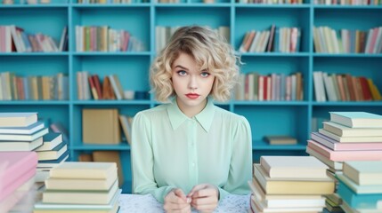 A woman sitting at a table in front of a bunch of books