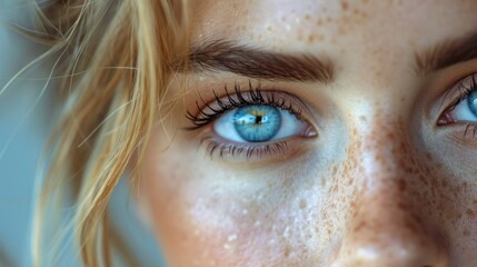 A close up of a woman's eyes with freckles