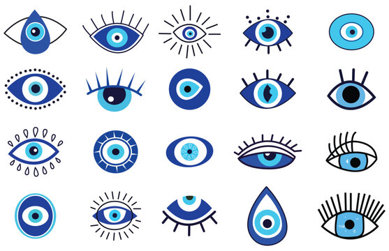 Evil eye talisman icons. Turkish or greek eye symbols. Greece ethnic magic amulet. Mystical blue Hamsa icons set in hand drawn style. Nazar amulet symbol. Vector illustration isolated in doodle style.