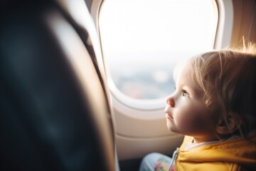 child looking out airplane window during flight