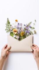 A person holding an envelope with flowers in it