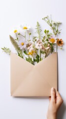 A person holding an envelope with flowers in it