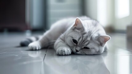 A cat laying on the floor with its eyes closed