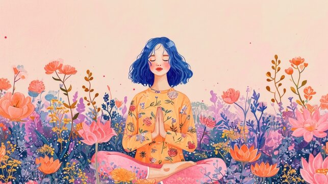 A painting of a woman meditating in a field of flowers