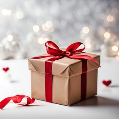 Gift box with craft paper and red ribbon. Two hearts and bokeh background. Valentine's Day Greeting Card.