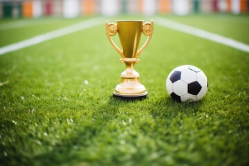golden cup on a turf field with soccer ball nearby