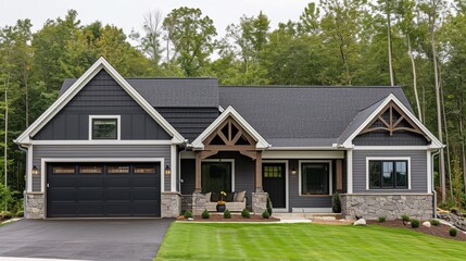 Home with gray siding and a garage with black doors - obrazy, fototapety, plakaty