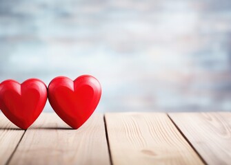Valentines day background with two red hearts on wooden table