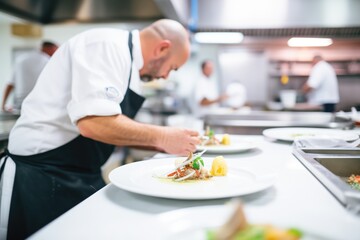 chef plating gourmet food in commercial kitchen