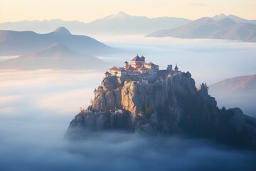 mountain-top monastery surrounded by mist at dawn