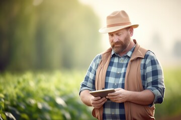 portrait of a farmer checking crops with a tablet in hand