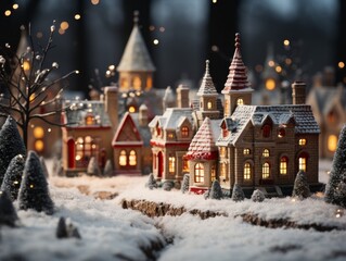 Fototapeta na wymiar Miniature Christmas Winter Village Town Snow Lights Model House Houses Background Wallpaper Image