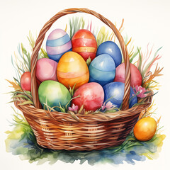 Fototapeta na wymiar Easter basket with colorful eggs isolated on a white background. Watercolor illustration for greeting cards for the Easter holiday and more. Cute basket decorated with flowers.