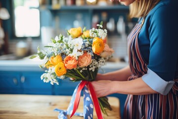 hands tying ribbon on a freshly made floral bouquet