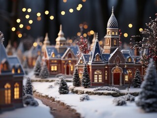 Obraz premium Miniature Christmas Winter Village Town Snow Lights Model House Houses Background Wallpaper Image