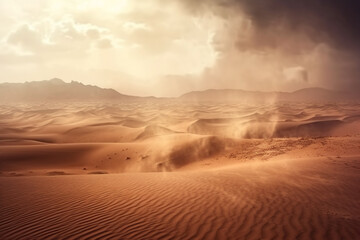 Fototapeta na wymiar Nature and landscape concept. Landscape background of dramatic sand storm in desert during daytime