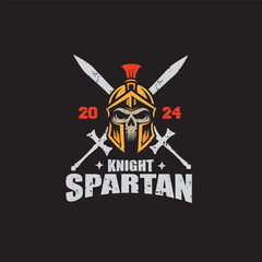 spartan knight skull head with crossed swords vintage logo vector graphic