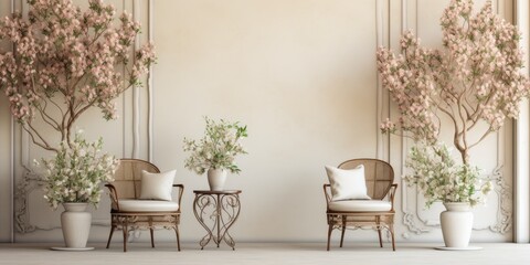 Fototapeta na wymiar Spring-inspired classic interior with elegant metal chairs in muted beige tones.