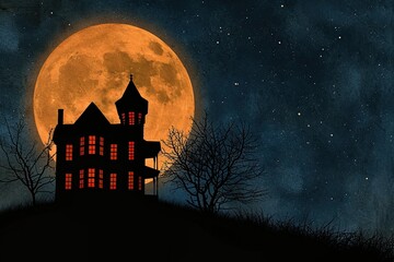 A spooky silhouette of a haunted house against a full moon in the night sky Halloween background with haunted house