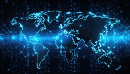 World map with glowing contours and binary data stream. Technology and globalization concept.