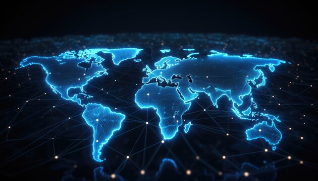 World map with glowing contours and binary data stream. Technology and globalization concept. - Powered by Adobe