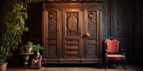 Antique interiors with an eclectic furniture wardrobe, seen from the front.