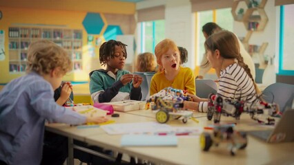 Smart Boys and Talented Girls Playing with Scientific and Engineering Toys. Young Gifted Future Engineers Studying Science, Engineering, Math and Technology in Primary STEM School - Powered by Adobe