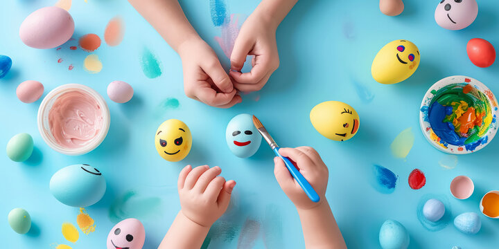Woman hand hold colorful easter eggs with smiling faces, painting easter eggs on a table