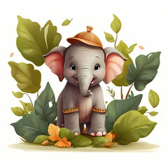 cute baby elephant sitting on leaves