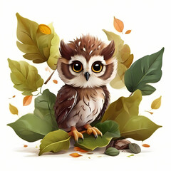 cute baby owl in leaves