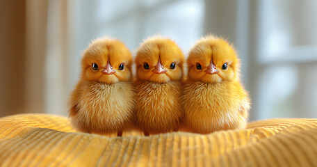 Funny and Сute yellow Chicks on a  Yellow Background.