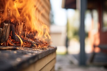 closeup of flames lapping at the side of a wooden house - obrazy, fototapety, plakaty