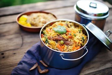 mixed biryani with meat and vegetables in a metal tiffin