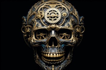 An elaborate skull adorned with gears on its face, set against a black backdrop. Generative AI