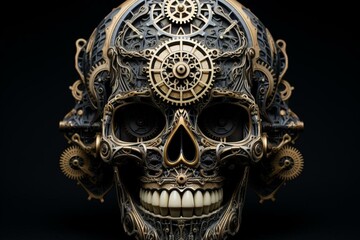 An elaborate skull adorned with gears on its face, set against a black backdrop. Generative AI