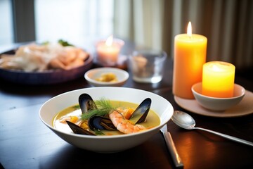 pre-dinner bouillabaisse on a set table with candles