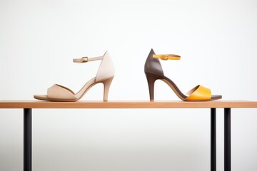 stylish footwear showcased on minimalist wooden shelves