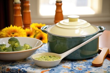 broccoli cheddar soup in a tureen, ladle on top, ready to serve - obrazy, fototapety, plakaty