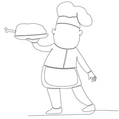 Single continuous line drawing of young male chef cooking in restaurant kitchen