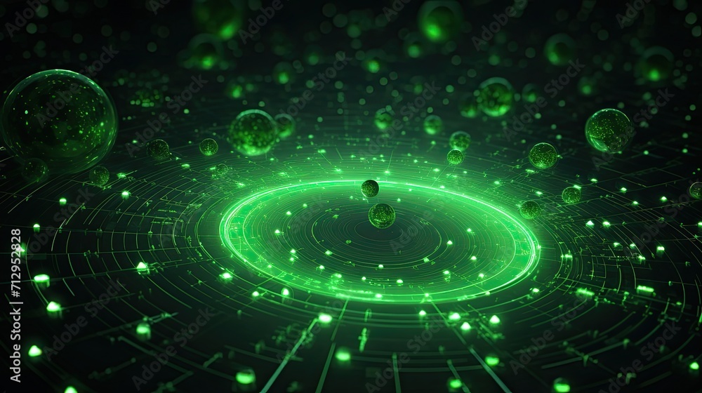Poster background with green circles arranged in a circular pattern with a 3d effect and particle system