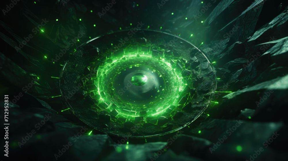 Aufkleber background with green diamonds arranged in a circular pattern with a 3d effect and particle system
