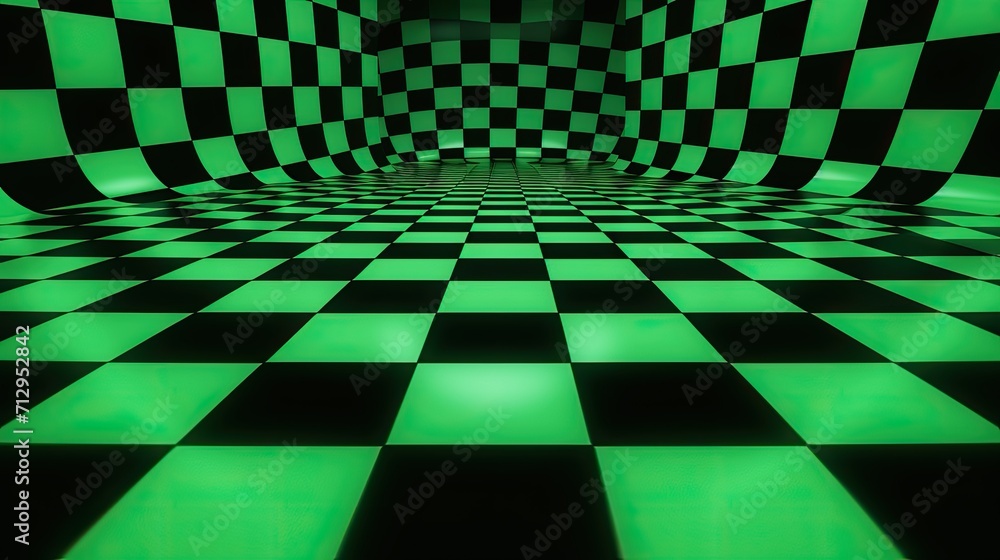 Poster background with green squares arranged in a checkerboard pattern with a chromatic aberration effect 