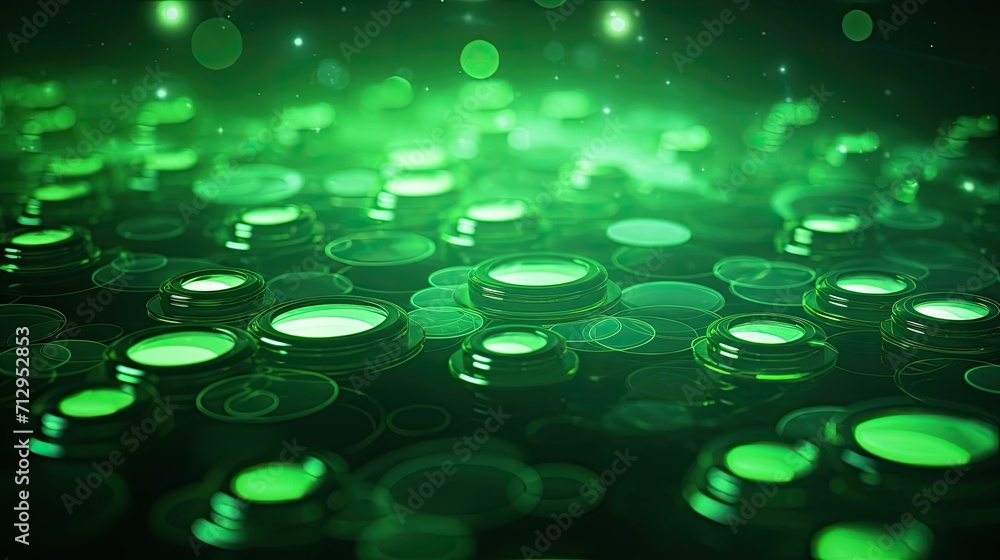 Poster background with green circles arranged randomly with a neon glow effect and lens flares