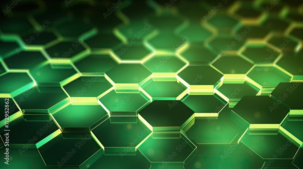 Poster background with green hexagons arranged randomly with a neon glow effect and lens flares