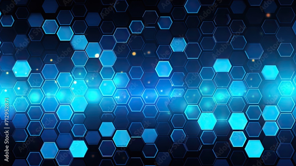 Poster background with neon blue circles arranged in a honeycomb pattern with a glitch effect and digital d