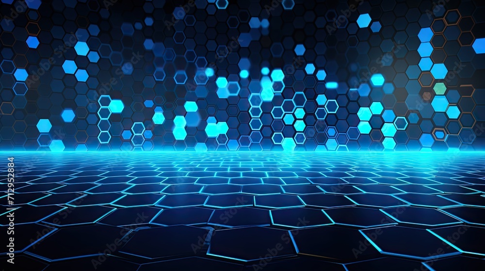 Poster background with neon blue circles arranged in a honeycomb pattern with a glitch effect and digital d