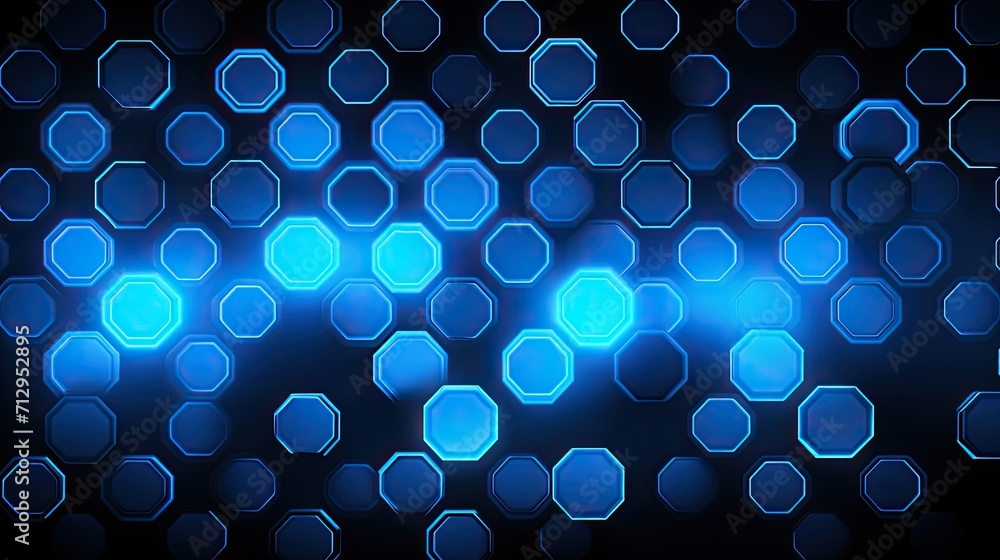 Poster background with neon blue circles arranged in a honeycomb pattern with a glitch effect and digital d